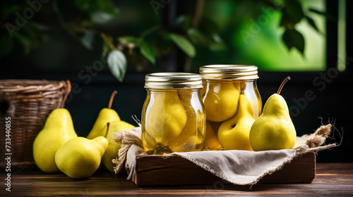 Artisanal charm in every detail, from the golden preserved pears in clear jars to the untouched fresh pears waiting to be savored