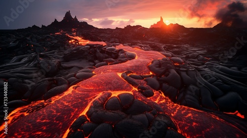 Flowing magma lava field, glowing lava and magma flows. Background texture of heat, lava and flames.