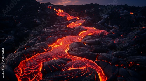 Flowing magma lava field, glowing lava and magma flows. Background texture of heat, lava and flames.