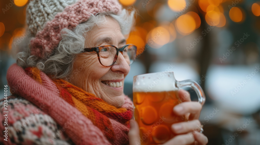 photo of a grandmother drinking beer in a bar photo of a grandmother drinking beer in a bar