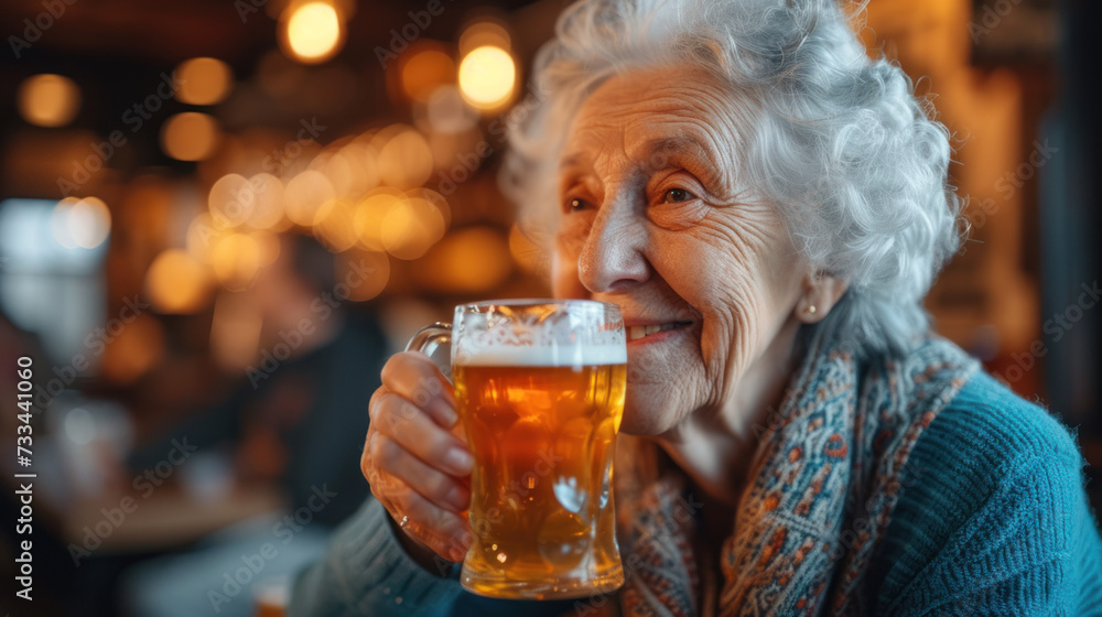 photo of a grandmother drinking beer in a bar photo of a grandmother drinking beer in a bar