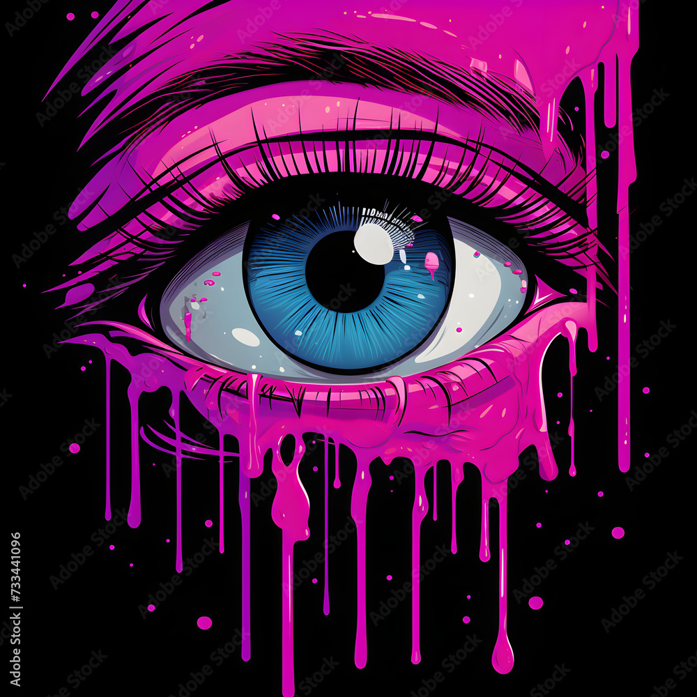 comic style pink eye crying on black background