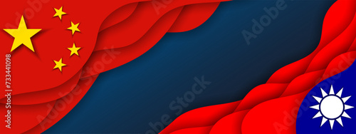 Chinese and Taiwan island flag papercut banner, background, web, card, poster, holiday cover, label, flyer, layout. China Taiwanese  conflict, disputes, partnerships, trade  print for presentation