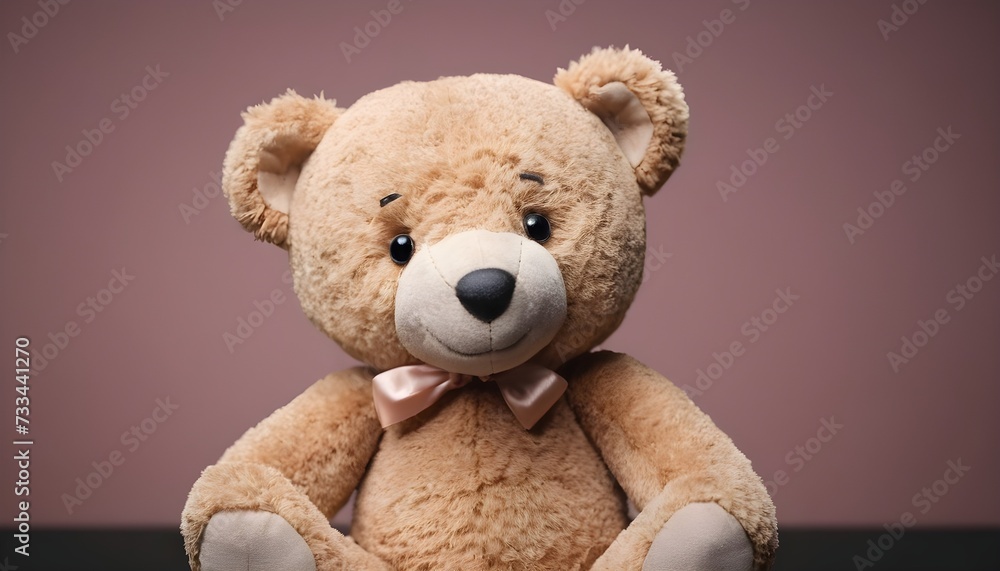 Jpyful Teddy bear with pink ribbon isolated in a pastel pink room Jpyful Teddy bear with pink ribbon isolated in a pastel pink room