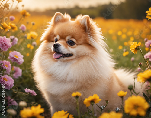 Pomeranian Dog Sitting In A Field Of Flowers © Lea