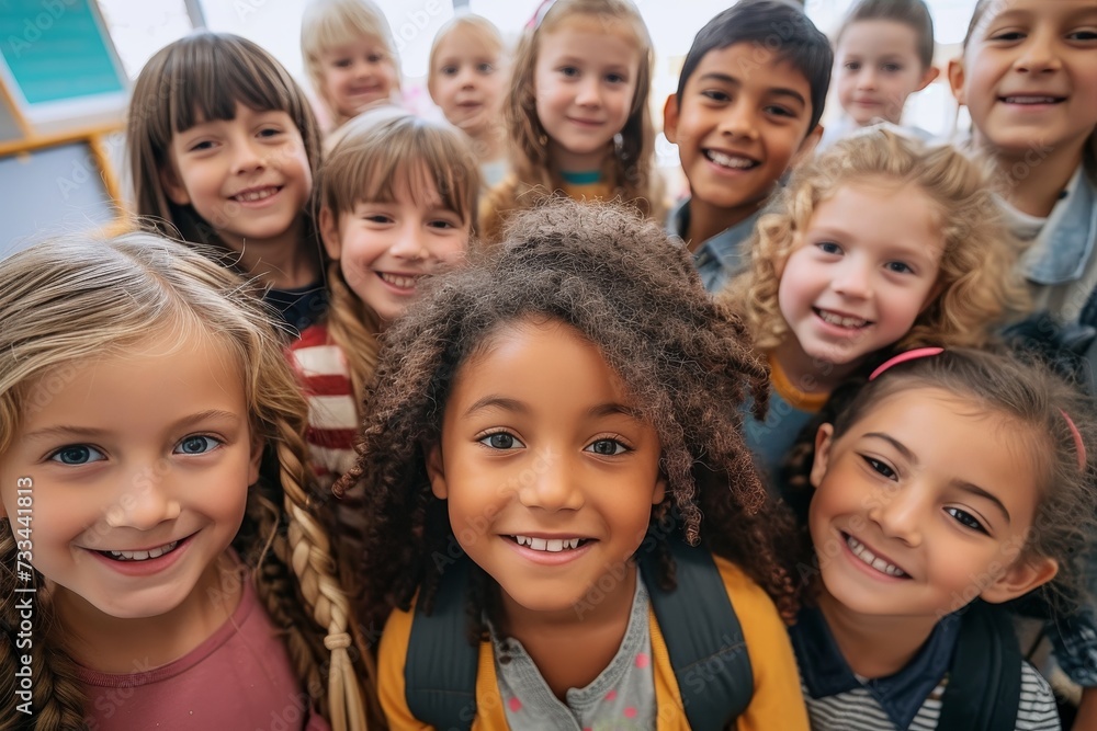 A joyful group of young friends posing together, radiating happiness and laughter while dressed in vibrant clothing, showcasing the bonds of childhood friendship