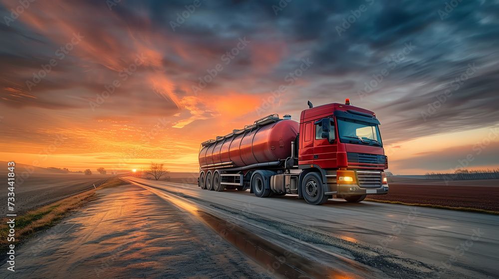 Fuel Tanker Truck on the Move at Sunset