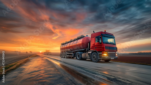 Fuel Tanker Truck on the Move at Sunset