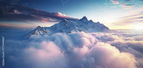 majestic mountain peaks towering above clouds at sunset serene landscape