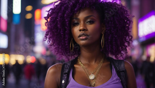 Bellissima ragazza di origini afro americane con capelli viola in una strada illuminata di una città americana photo