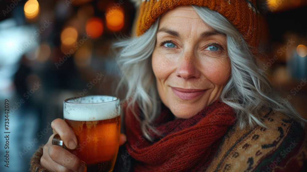 photo of a grandmother drinking beer in a bar photo of a grandmother drinking beer in a bar