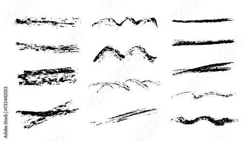 Set of arrows drawn by hand. Pencil strokes.Brushes of different shapes on a black background. Vector brushes in grunge style. Vector horizontal lines in pencil. Vector lines coal, drawn by hand.