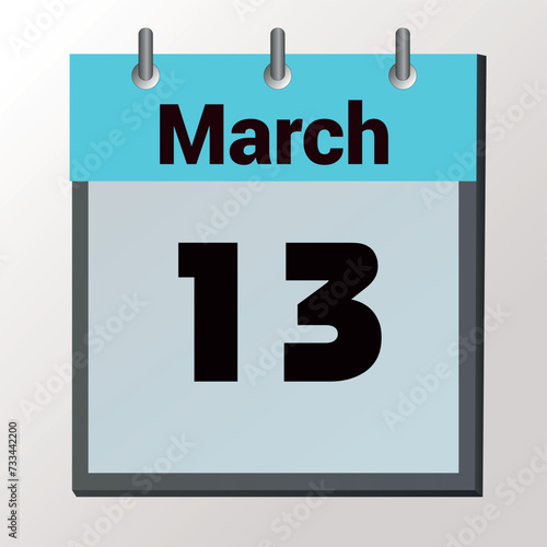 vector page of March month calendar and highlighted date March 13