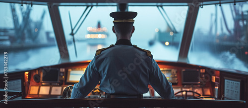The captain of the ship looks out to sea from the cockpit