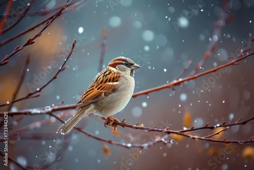 A solitary sparrow perches on a snow-covered branch, braving the harsh winter and reminding us of the resilience of nature © Pinklife