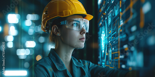 Digitalization of production: industrial engineer or worker in hard hat using computer, visualizing big data statistics wall, optimizing production of high-tech electronics. Industry 4.0 Engineering.