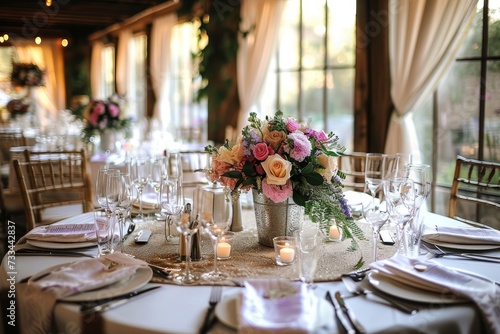 An elegant wedding rehearsal dinner awaits with a beautifully arranged table adorned with floral centerpieces, delicate stemware, and a stunning banquet spread