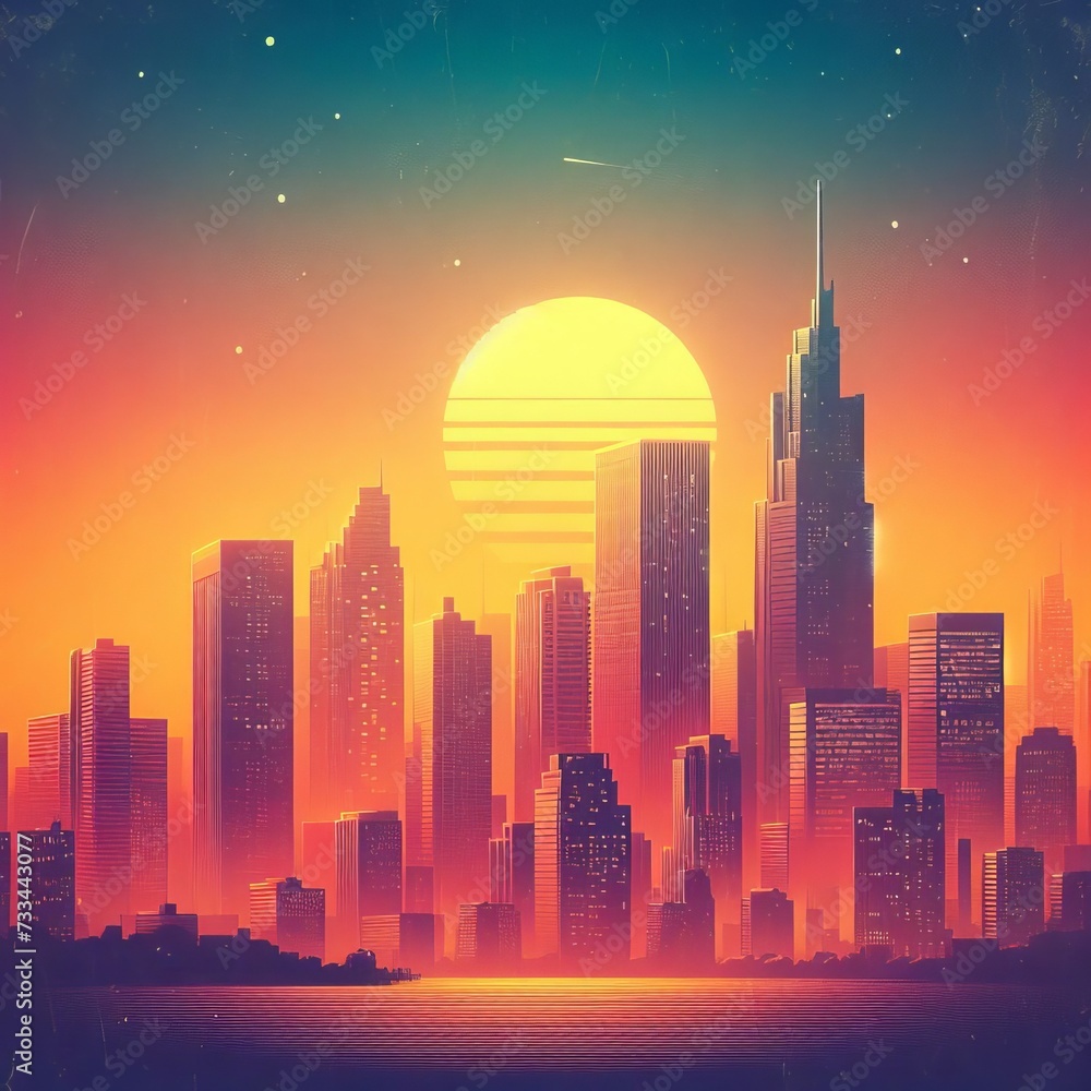 City skyline, building, at sunset abstract background with waves,  with stars, retro gradient with grainy texture, space sun, star, glow, sky 