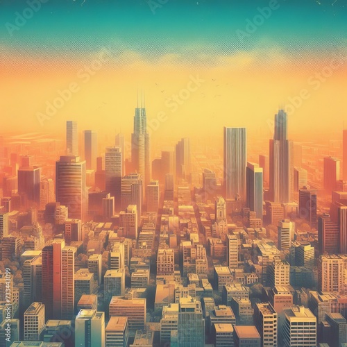 City skyline  building  at sunset abstract background with waves   with stars  retro gradient with grainy texture  space sun  star  glow  sky 