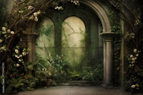 Enchanted Forest  Greenery Floral Backdrop  Fantasy Environment  Ancient Columns  Lush Greenery  Mystical Atmosphere  Magical Forest  Ethereal Beauty  Whimsical Setting  Nature s Splendor