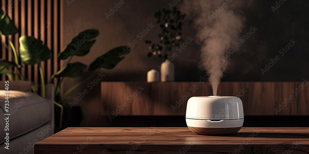 Fragrant white air humidifier on the table in the living room Fragrant white air humidifier on the table in the living room