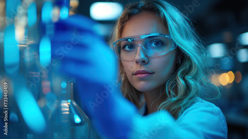 female scientist holding a test tube vith danger virus with a solution in gloves in a research lab or doing chemical experiments