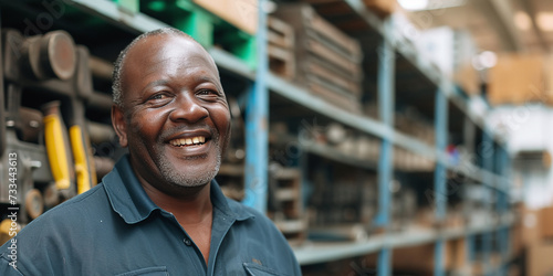 smiling african man standing in equipment warehouse photo