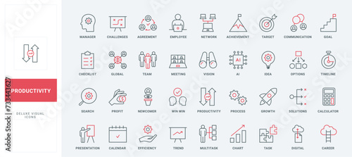 Business productivity line icons set. Office meeting presentation in team, profit and career of effective employee, multitask efficiency skills thin black and red outline symbols, vector illustration photo
