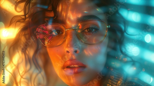 Młoda kobieta w okularach spogląda prosto w obiektyw kamery przy odbijającym się świetle słonecznym © Artur