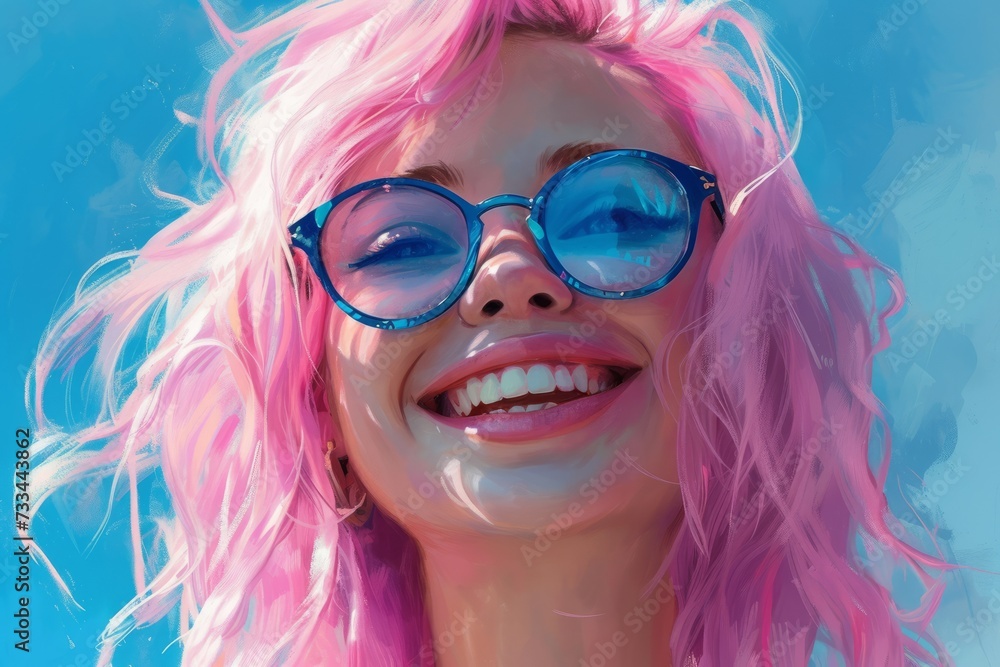 smiling blonde woman with pink hair wearing glasses, blue background