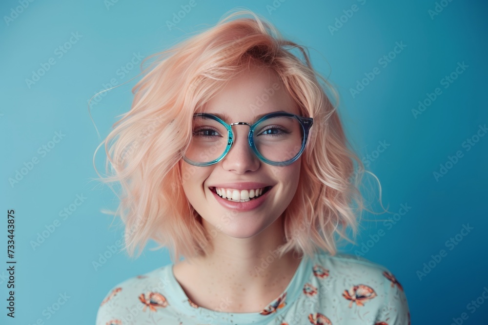 smiling blonde woman with pink hair wearing glasses, blue background smiling blonde woman with pink hair wearing glasses, blue background