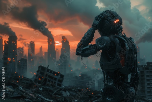 robot looks at the destroyed city and grabs its head