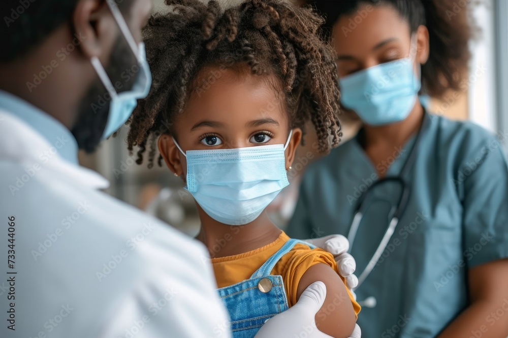 A young girl stands in a medical room, her face obscured by a mask and ...
