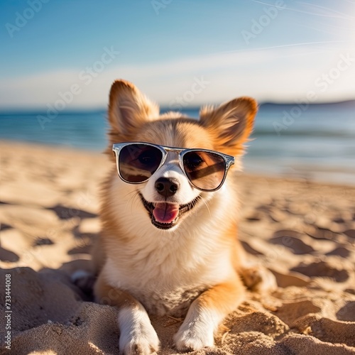 Shiba Dog at Sunrise: Beach Nature Scene, Coastal Beauty, Tranquil Morning, Canine Companion, Sunrise Glow, Serene Seashore, Peaceful Dawn, Nature's Majesty, Dog Enjoying Sunrise, Coastal Bliss  © hisilly