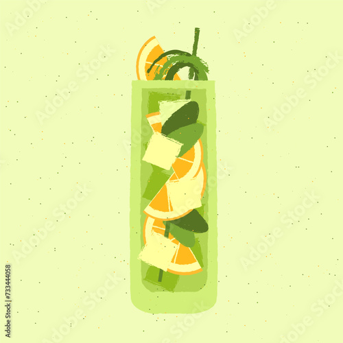 Green cocktail with orange, leaves and zest. Gin tonic in high glass. Soda water. Alcohol drink for bar. Cold soft liquid in tall glass. Non-alcoholic beverage. Flat vector illustration with texture