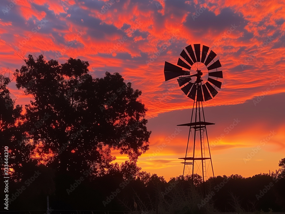 A silhouette of a rustic windmill set against the backdrop of a fiery April sunset, painting the sky with hues of orange and red A silhouette of a rustic windmill set against the backdrop of a fiery April sunset, painting the sky with hues of orange and red