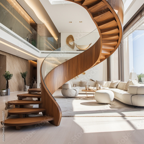 escalier tournant en bois dans un salon design - IA Generative photo