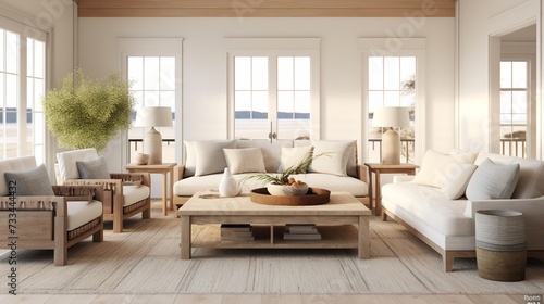 Coastal Farmhouse Fusion: Serene Living Room with Beachy and Rustic Elements © VisualMarketplace