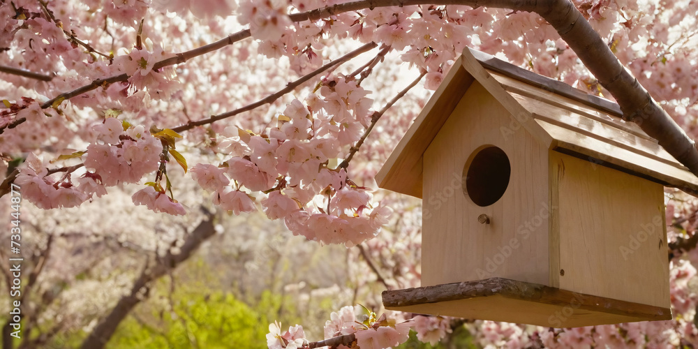 Birdhouse in the branches of a blossoming cherry tree, in the park in spring. Birdhouse in the branches of a blossoming cherry tree, in the park in spring.