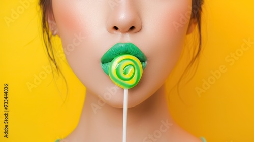 Close up Asian attractive woman's green lips with enjoying lollipop candy