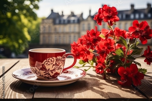 Morning coffee cup on table in the narrow streets of old town with blooming flowers photo