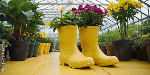 Yellow rubber boots against the background of spring plants, in a greenhouse filled with the rays of the morning sun.