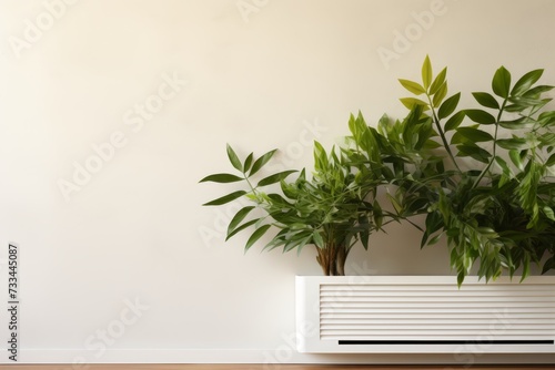 Air conditioner on wall with plants  adjusting temperature  cooling room  space for text placement
