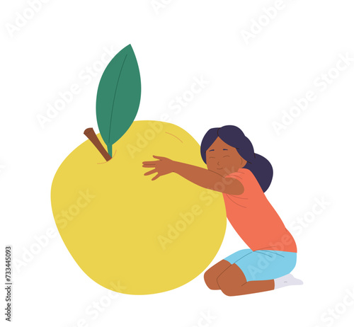 Isolated cute girl child cartoon character feeling loving emotion hugging fresh ripe yellow apple