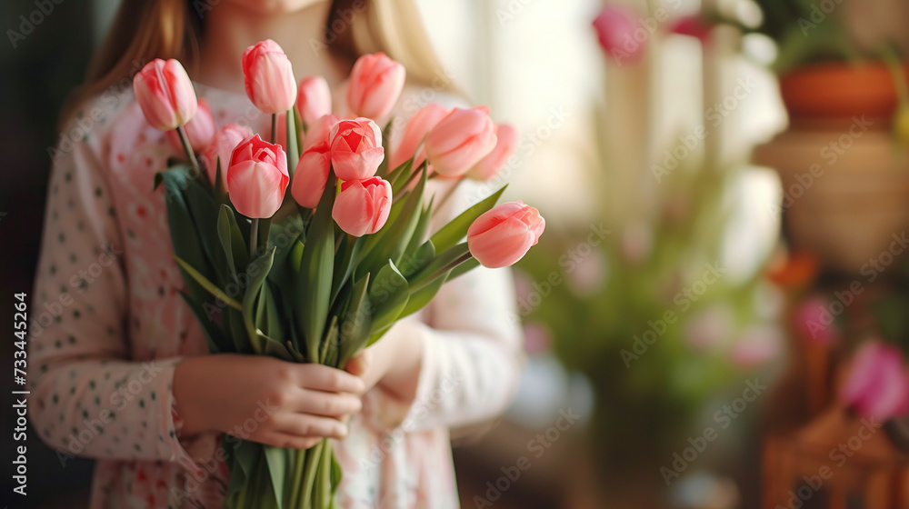A little girl holds a bouquet of pink tulips in her hands, surrounded by lush garden. Congratulations on March 8, Mother's Day