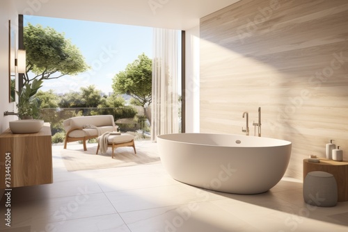 Luxurious modern bathroom with new fixtures  stylish tiles  and floor-to-ceiling windows