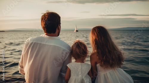 Young family on sea vacation, dad, mom and child backside view , summer and sun generated AI