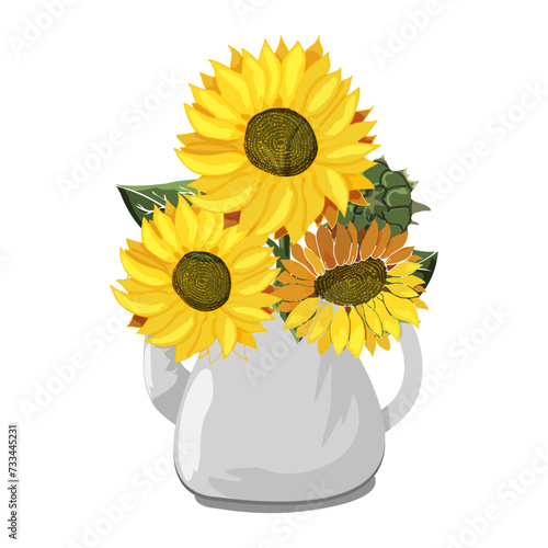 Sunflowers in teapot. Bouquet of yellow flowers in gray iron kettle. Wildflower heads. Kitchen utensils. Rustic summer image for card. Botany. Drawn. Isolated on white background. Vector illustration