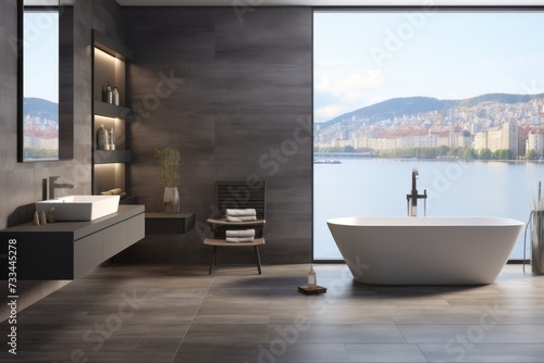 Luxurious modern bathroom with new fixtures, tiles, and floor-to-ceiling windows