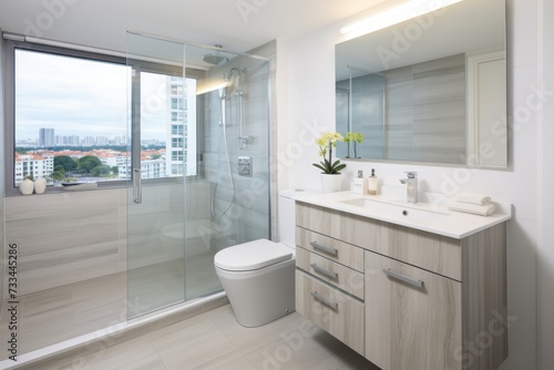 Luxurious modern bathroom with new fixtures  tiles  and floor-to-ceiling windows